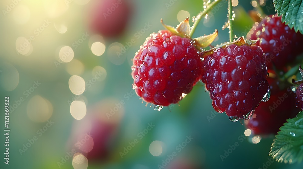 Extreme macro shot captures fresh red raspberries on branch with detailed texture, dewdrops, and natural green bokeh background in botanical photography style. Extreme macro shot captures fresh red raspberries on branch with detailed texture, dewdrops, and natural green bokeh background in botanical photography style.