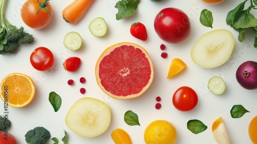 Fresh and vibrant assortment of fruits and vegetables on white background