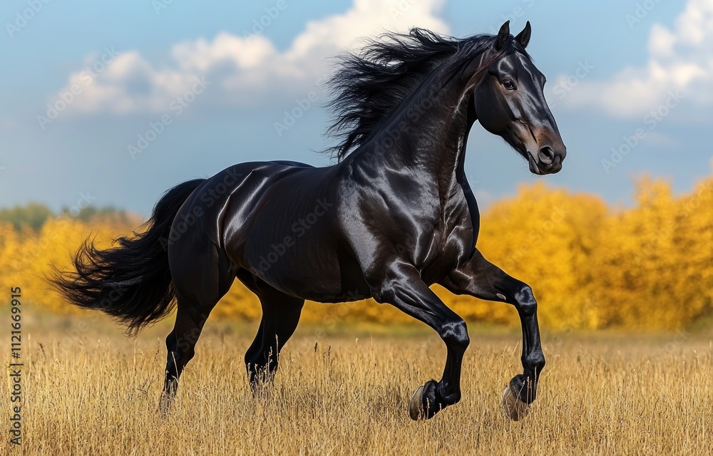 Black Horse Running Through Golden Field Black Horse Running Through Golden Field