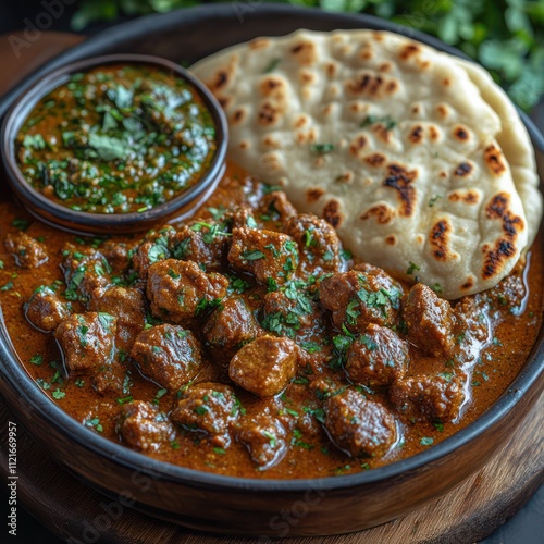 a pakistani cuisine, a tender piece of karahi gosht served with crispy naan on the side, garnished with fresh cilantro photo