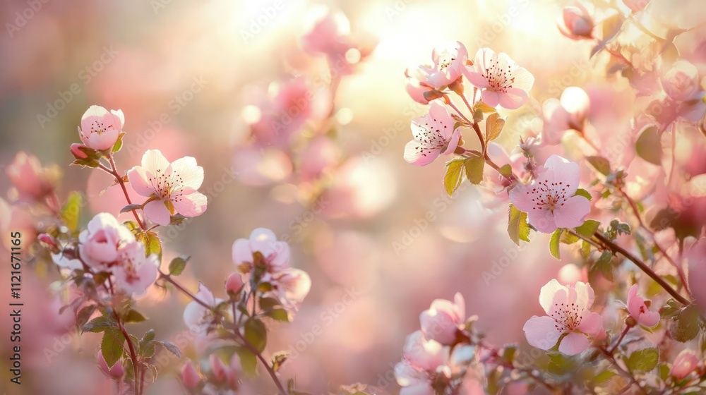 Pink blossoms backlit by golden sunlight. Pink blossoms backlit by golden sunlight.