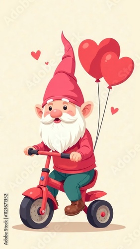 Vertical illustration. A cute cartoon dwarf with a white beard and a pink hat rides a children's tricycle and carries balloons in the shape of hearts as a gift. Valentine's Day Greeting Card