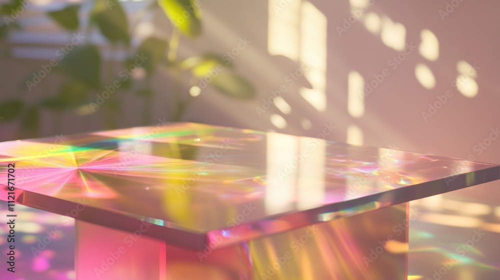 Fototapeta premium Iridescent table, sunlit, pastel colors.