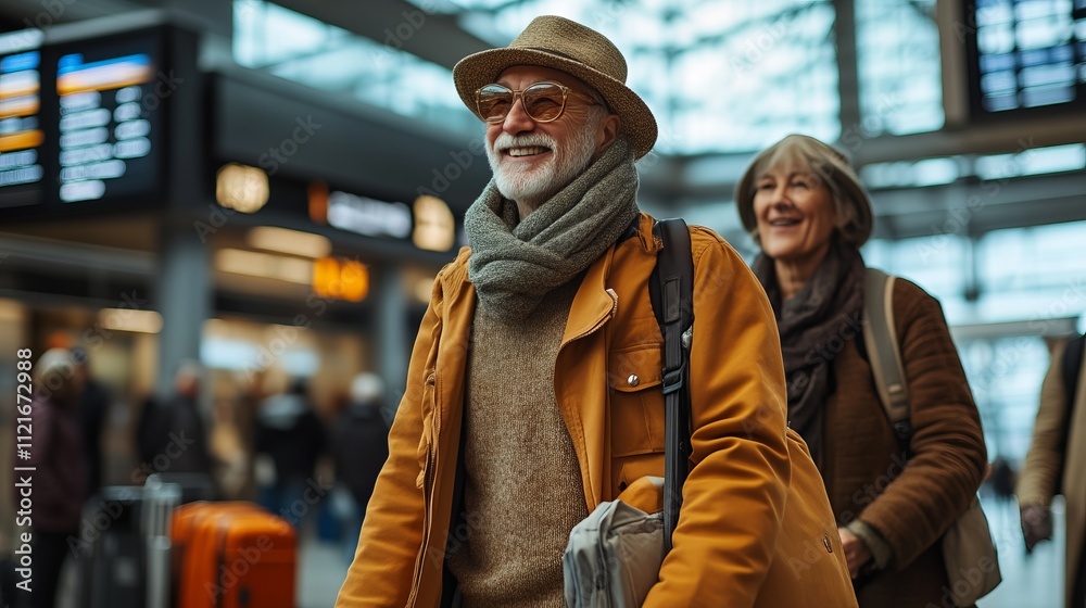 Happy Senior Couple Embarking on a Journey: A Touching Moment at the Airport Happy Senior Couple Embarking on a Journey: A Touching Moment at the Airport