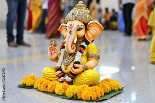A decorated idol of Lord Ganesha during Ganesh Chaturthi, surrounded by devotees offering prayers and flowers photo