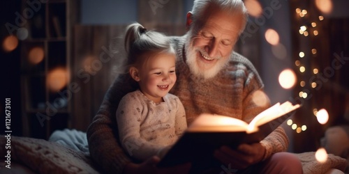 A heartwarming evening scene of a grandfather and granddaughter reading a book together in a cozy home setting, illuminated by soft, warm lighting and gentle highlights
