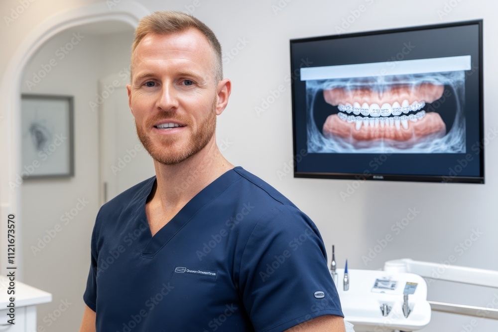 A dentist fitting a patient with clear aligners for orthodontic treatment, with a 3D model displayed on a nearby screen A dentist fitting a patient with clear aligners for orthodontic treatment, with a 3D model displayed on a nearby screen