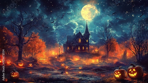 Halloween Night Landscape with Haunted House, Pumpkins, and Spooky Trees, Vintage-Style Illustration, Digital Art Concept. photo