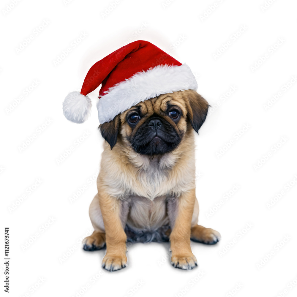 Adorable Pug Puppy with Santa Hat on Transparent Background Adorable Pug Puppy with Santa Hat on Transparent Background
