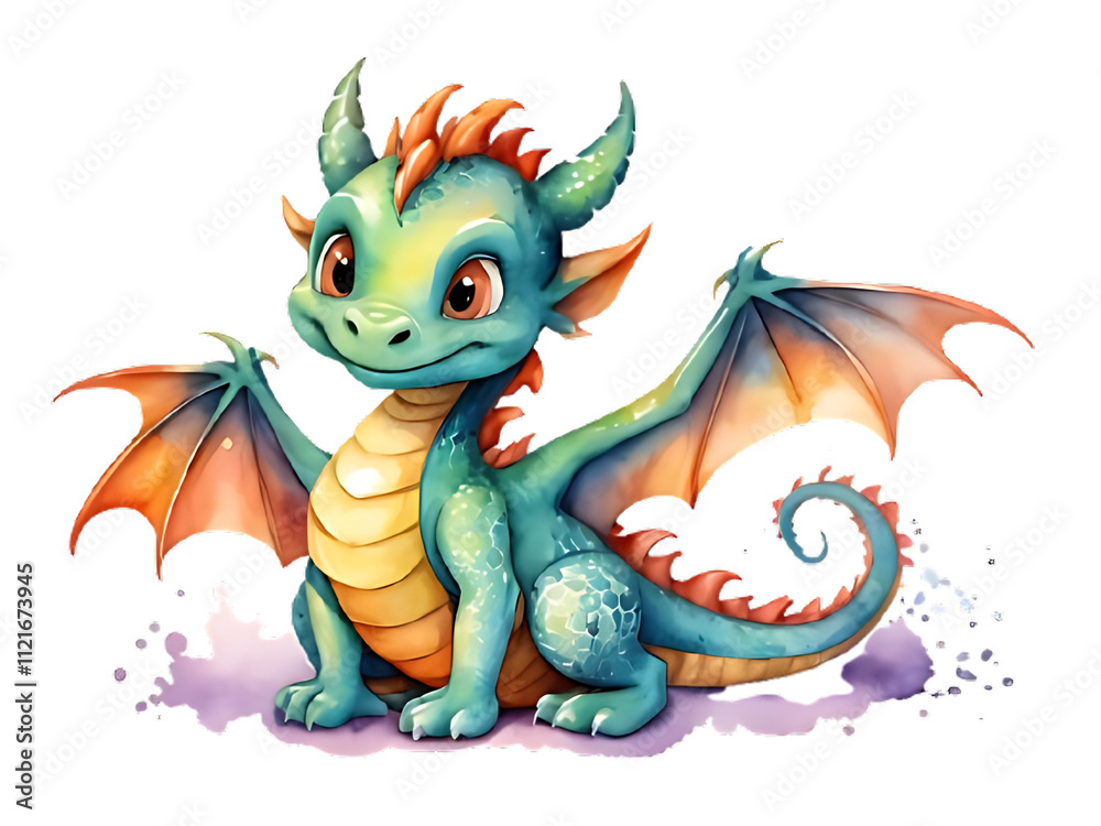 Fototapeta premium Cute Watercolor Dragon Clipart on Transparent Background - Adorable Fantasy Design for Creative Projects