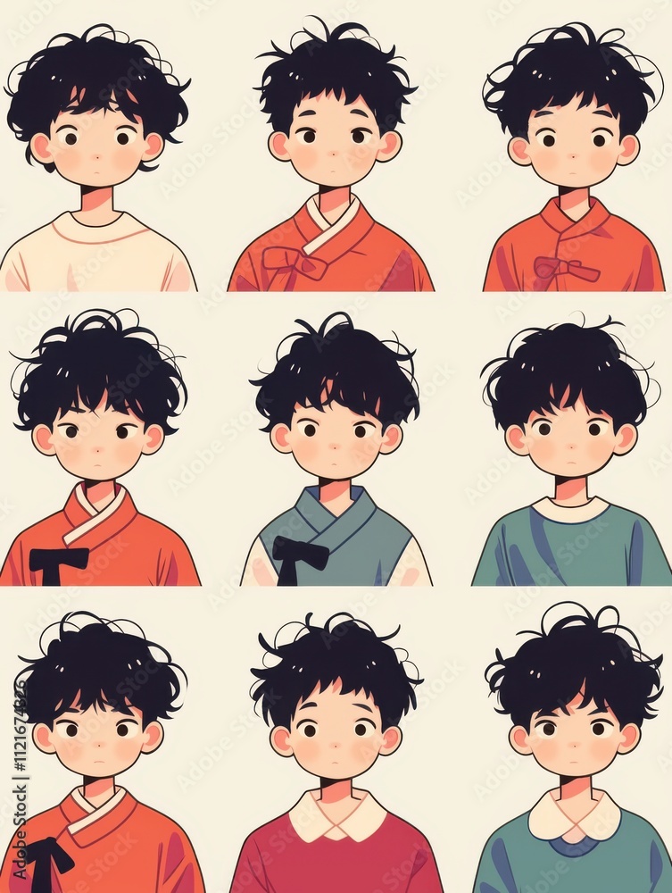 Bold Line Little Boy Icons: Flat Cartoon Characters for Children's Books