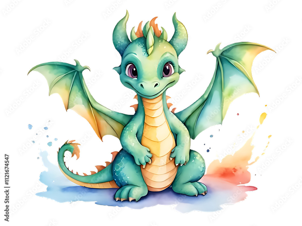 Fototapeta premium Cute Watercolor Dragon Clipart on Transparent Background - Adorable Fantasy Design for Creative Projects