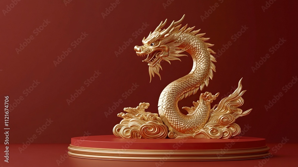 empty red podium display with Gold dragon sculpture, luxury Asia Chinese ornament style. empty red podium display with Gold dragon sculpture, luxury Asia Chinese ornament style.
