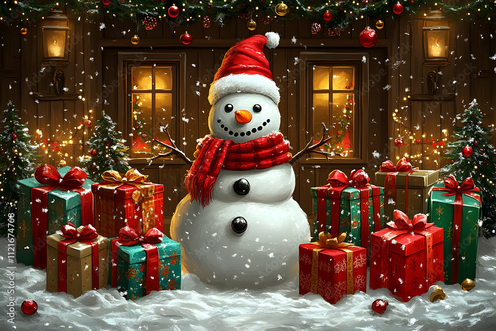 Obraz premium Festive snowman standing amidst Christmas gifts in snowy setting.