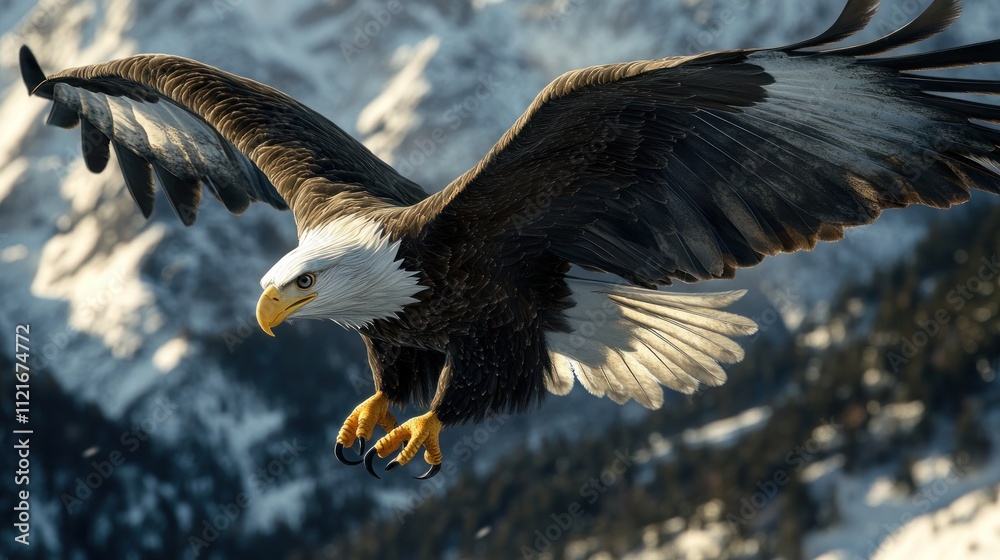 Fototapeta premium Bald Eagle Soaring Over Snowy Mountains