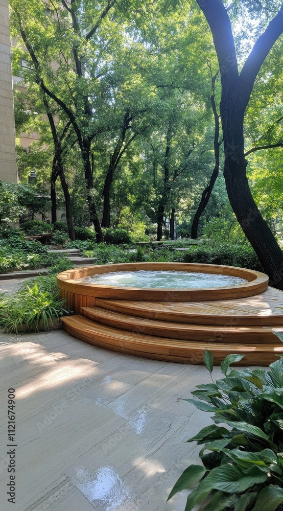 A tranquil hot tub sits in a sunlit space filled with plants, inviting relaxation and rejuvenation. The bubbling water adds to the serene atmosphere, perfect for unwinding A tranquil hot tub sits in a sunlit space filled with plants, inviting relaxation and rejuvenation. The bubbling water adds to the serene atmosphere, perfect for unwinding