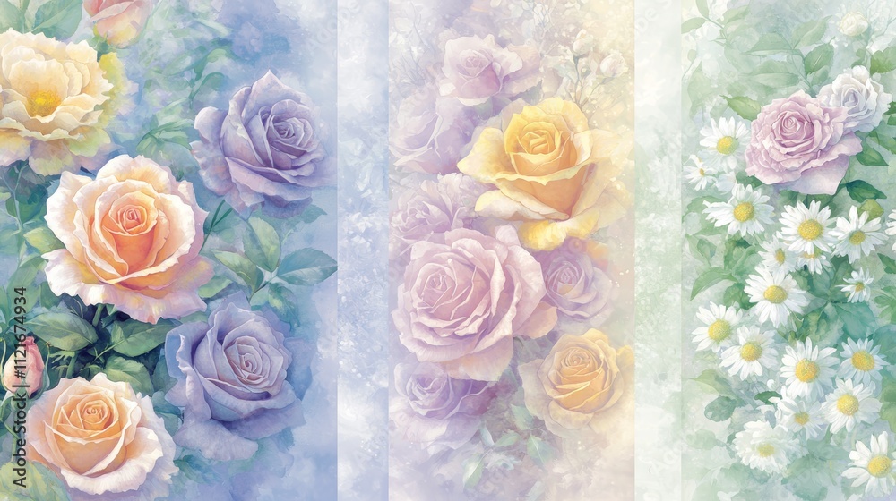 Exquisite floral backgrounds, a stunning display of roses and daisies in full bloom Exquisite floral backgrounds, a stunning display of roses and daisies in full bloom