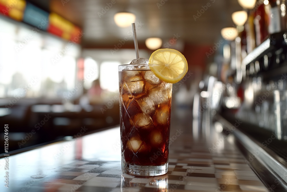 Refreshing Glass of Cola with Ice and Lemon in a Modern American Diner. AI generated illustration Refreshing Glass of Cola with Ice and Lemon in a Modern American Diner. AI generated illustration