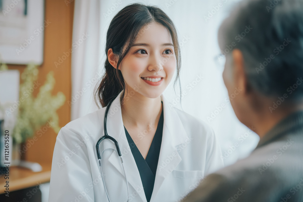 The young Chinese woman takes an elderly patient in a hospital or hospital and smiles The young Chinese woman takes an elderly patient in a hospital or hospital and smiles
