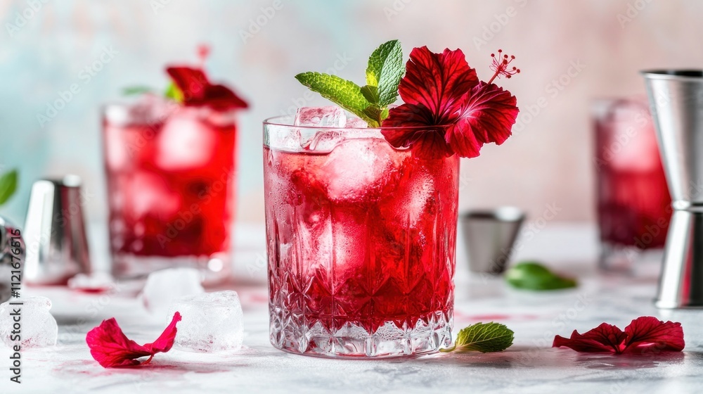 Refreshing Red Cocktail with Hibiscus Flower