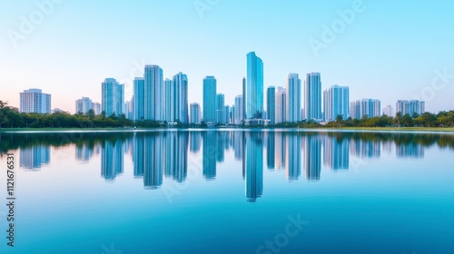 Modern City Skyline Reflected in Calm Water at Dusk with Tall Buildings and Lush Greenery Surrounding Urban Landscape, Vibrant Blue Sky and Serene Atmosphere