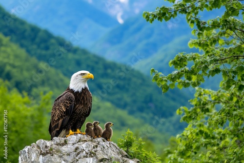 A dynamic shot of a circle of life in nature: an eagle feeding its chicks, with a vibrant forest backdrop photo