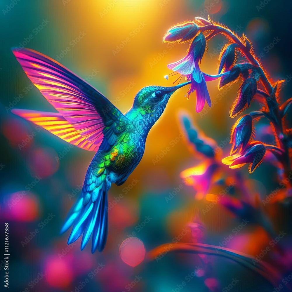 Fototapeta premium 124 Holographic Hummingbird A hummingbird feeding from a flower