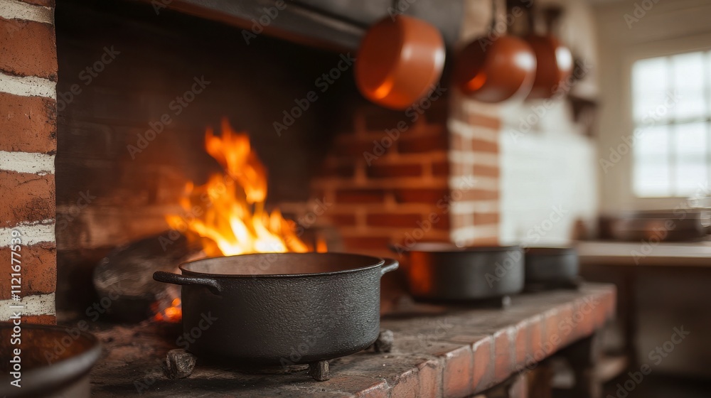 Cozy Rustic Kitchen with a Traditional Fireplace and Cooking Pots, Showcasing a Warm Atmosphere and Craftsmanship in a Vintage Culinary Setting Cozy Rustic Kitchen with a Traditional Fireplace and Cooking Pots, Showcasing a Warm Atmosphere and Craftsmanship in a Vintage Culinary Setting