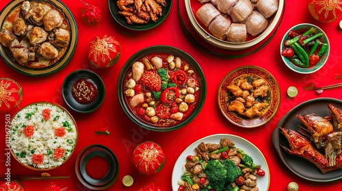 Happy Chinese new year. Asian family dinner food for prosperity celebration festival isolated on red decoration traditional festival background.