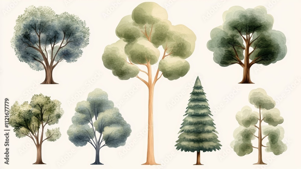 Fototapeta premium Watercolor trees set, vibrant collection for artistic natureinspired projects and creative design