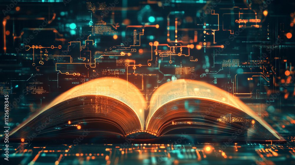 custom made wallpaper toronto digitalAn open book with pages turning into digital data and technology and business concept background, A glowing digital interface an open book with lines and light effect, falling financial graph.