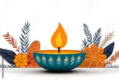 A flat design of a diya with glowing flame, surrounded by minimalistic floral patterns on a white background photo