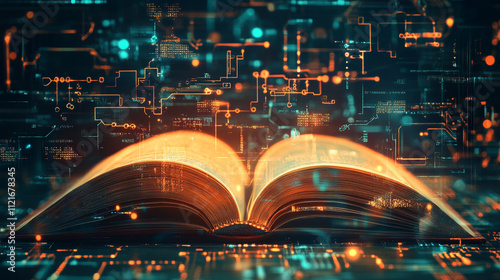 Wallpaper Mural An open book with pages turning into digital data and technology and business concept background, A glowing digital interface an open book with lines and light effect, falling financial graph. Torontodigital.ca