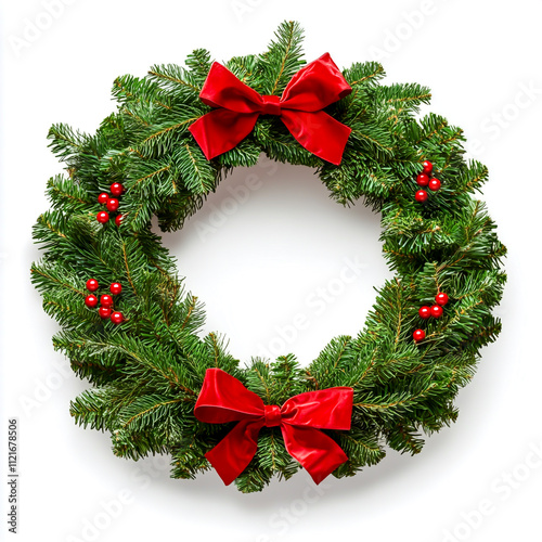 Christmas wreath with bow isolated on white background. photo