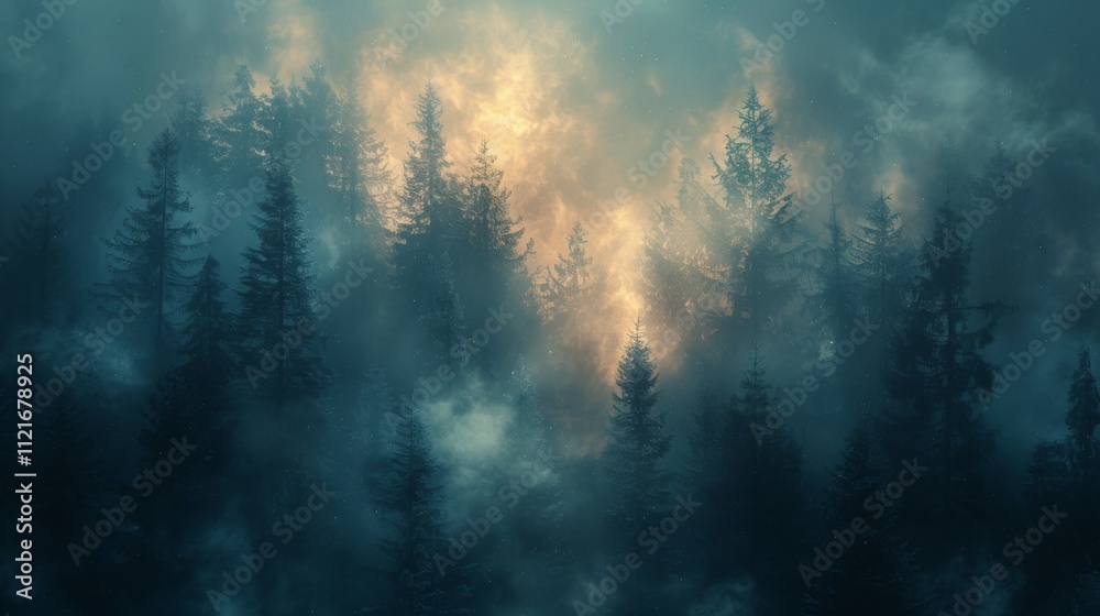 A forest with trees and fog A forest with trees and fog
