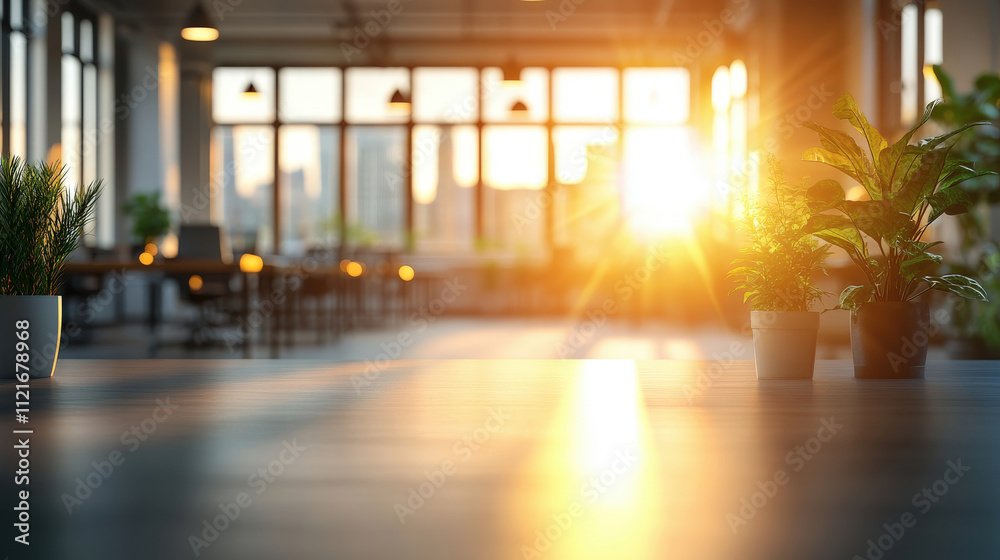 Bright Sunrise Stream Through Office Windows with Decorative Plants on a Wooden Table, Creating a Warm and Inviting Workspace Atmosphere Bright Sunrise Stream Through Office Windows with Decorative Plants on a Wooden Table, Creating a Warm and Inviting Workspace Atmosphere