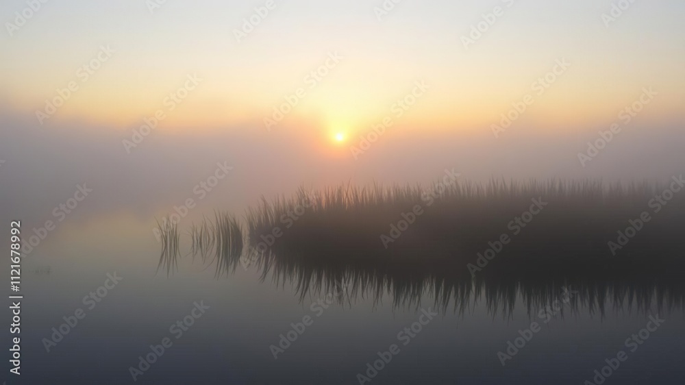 A misty veil shrouds the edge of a gentle lake at sunrise, water, mist A misty veil shrouds the edge of a gentle lake at sunrise, water, mist