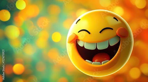 Emoticon with a cheerful smile on a blurred colorful background photo