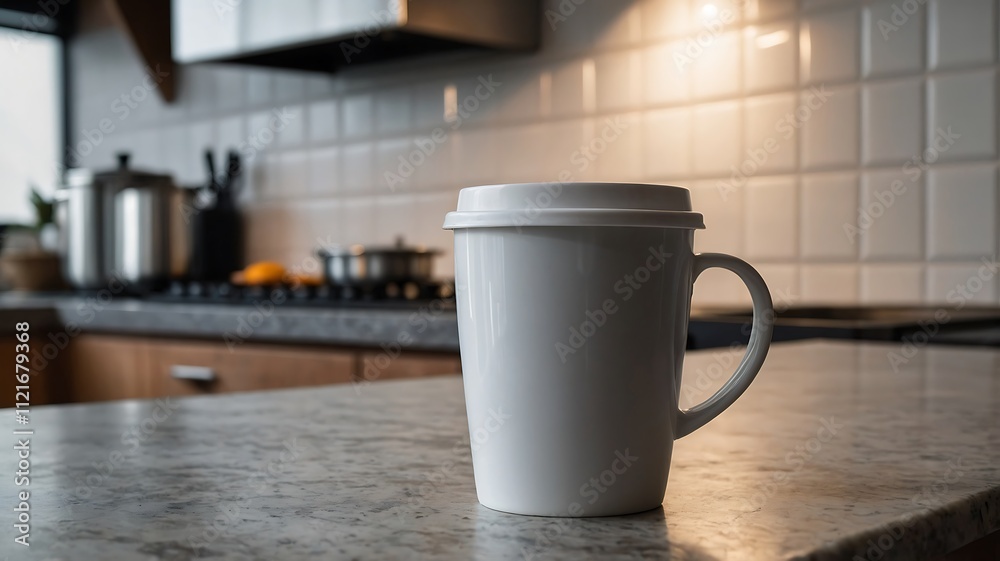 A White Coffee Mug on a Kitchen Countertop A White Coffee Mug on a Kitchen Countertop