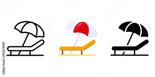 Sunbed color flat icon. Beach chair with umbrella symbol. Vacation sign. Relax sunbathing color illustration. Chaise lounge pictogram.