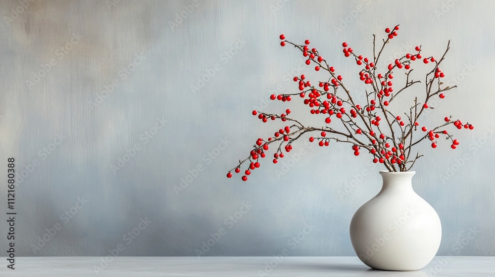 Hawthorn branches with red berries in vase on grey table indoors, space for text. Hawthorn branches with red berries in vase on grey table indoors, space for text.