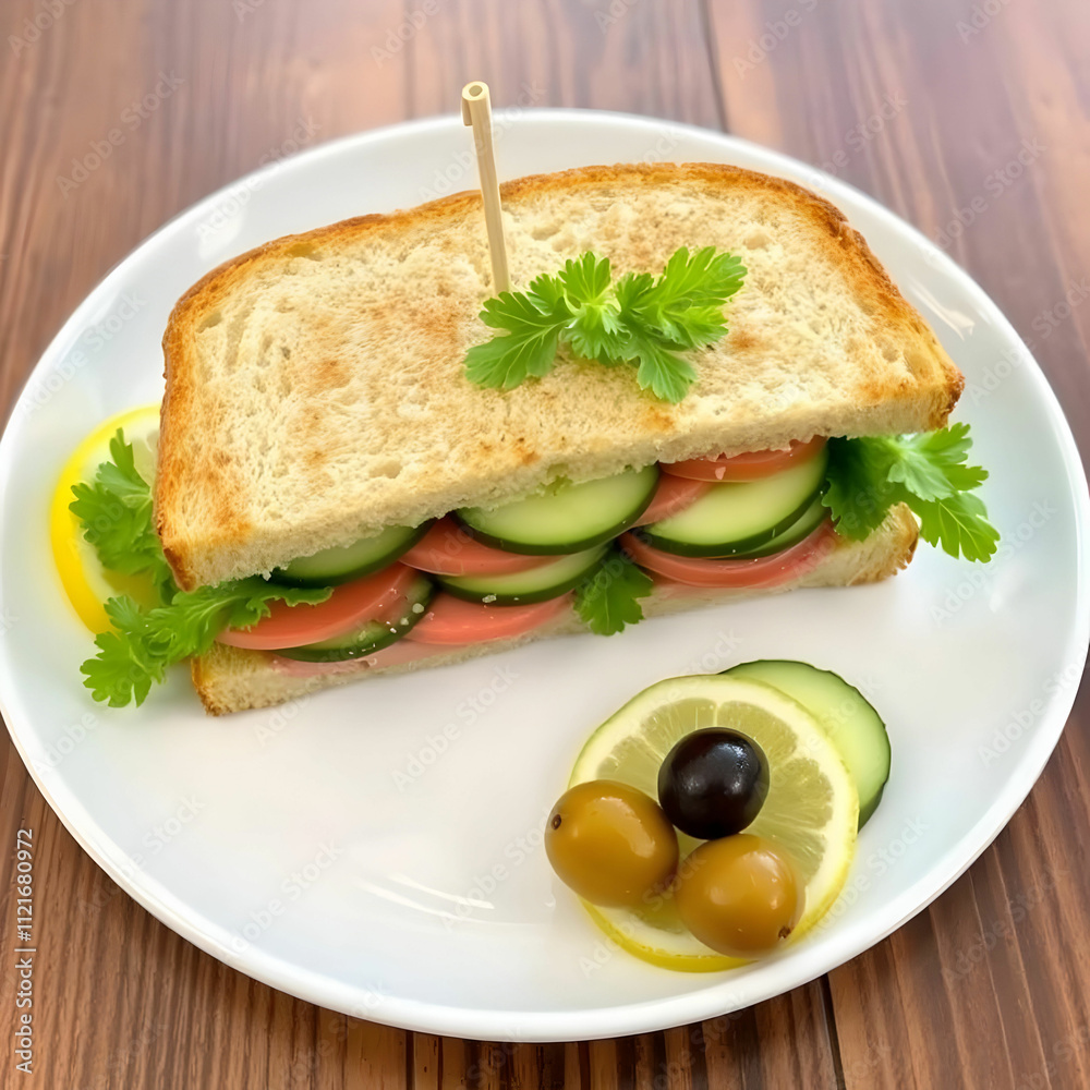 Side view club sandwich with salted cucumbers and lemon and olives in round white plate Side view club sandwich with salted cucumbers and lemon and olives in round white plate
