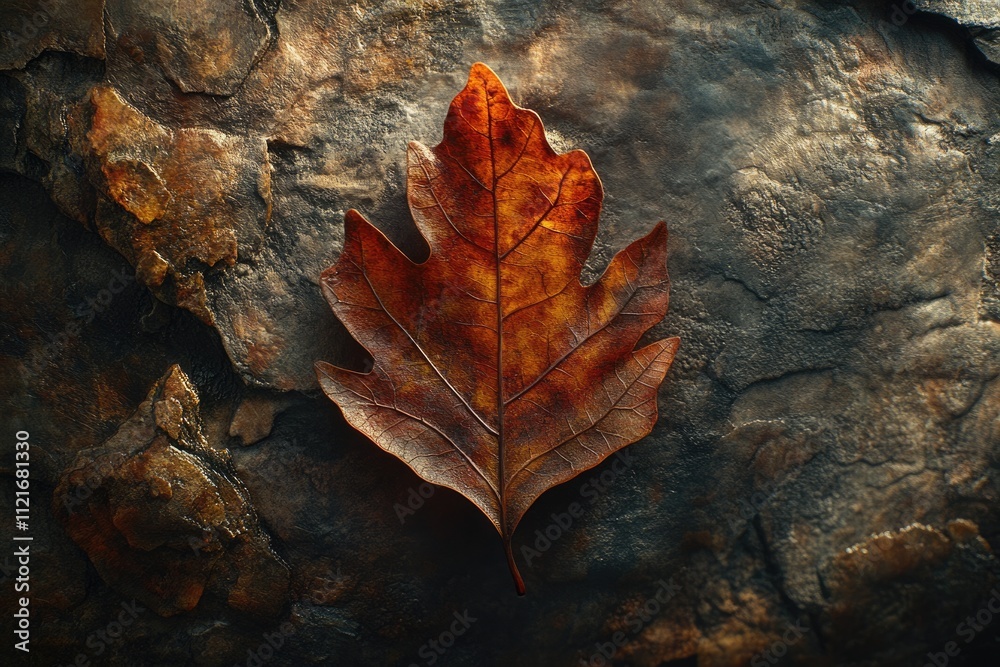 A single, dried autumn leaf rests on a dark, textured rock surface, evoking a sense of fall's end. A single, dried autumn leaf rests on a dark, textured rock surface, evoking a sense of fall's end.