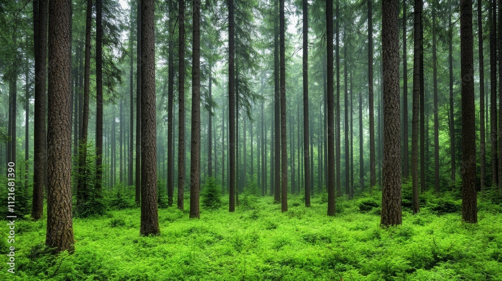 Foggy Morning in a Tranquil Green Forest Foggy Morning in a Tranquil Green Forest