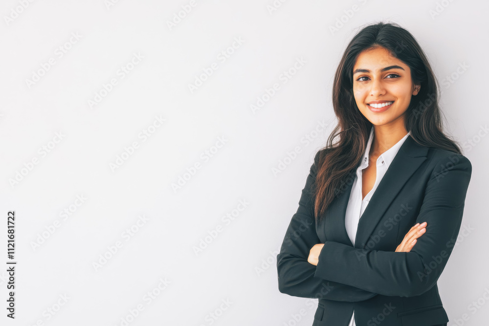 Portrait of a business smiling Indian woman about 30 years old in a business suit on a bright background in the studio Portrait of a business smiling Indian woman about 30 years old in a business suit on a bright background in the studio