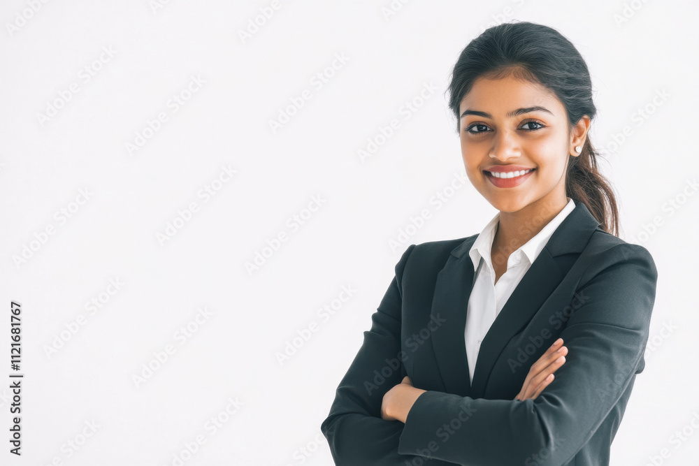 Portrait of a business smiling Indian woman about 30 years old in a business suit on a bright background in the studio Portrait of a business smiling Indian woman about 30 years old in a business suit on a bright background in the studio