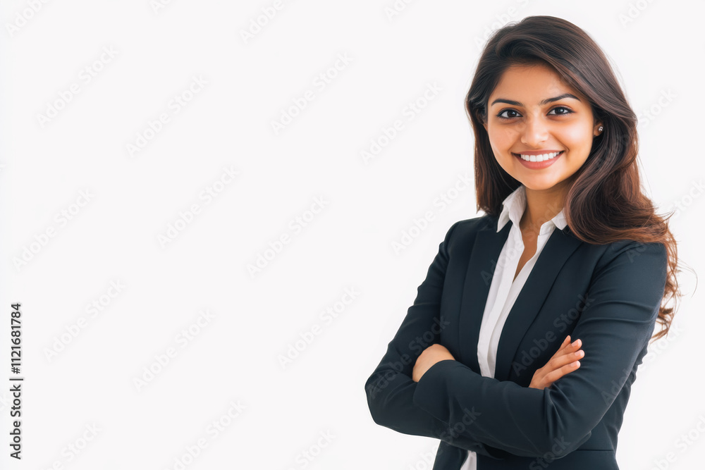 Portrait of a business smiling Indian woman about 30 years old in a business suit on a bright background in the studio Portrait of a business smiling Indian woman about 30 years old in a business suit on a bright background in the studio