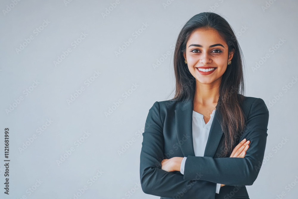 Portrait of a business smiling Indian woman about 30 years old in a business suit on a bright background in the studio Portrait of a business smiling Indian woman about 30 years old in a business suit on a bright background in the studio