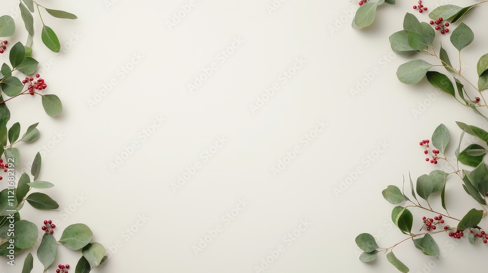 A white background with a green leafy border and red berries A white background with a green leafy border and red berries