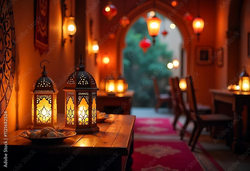 Fototapeta premium Warmly Lit Middle Eastern Interior with Lanterns